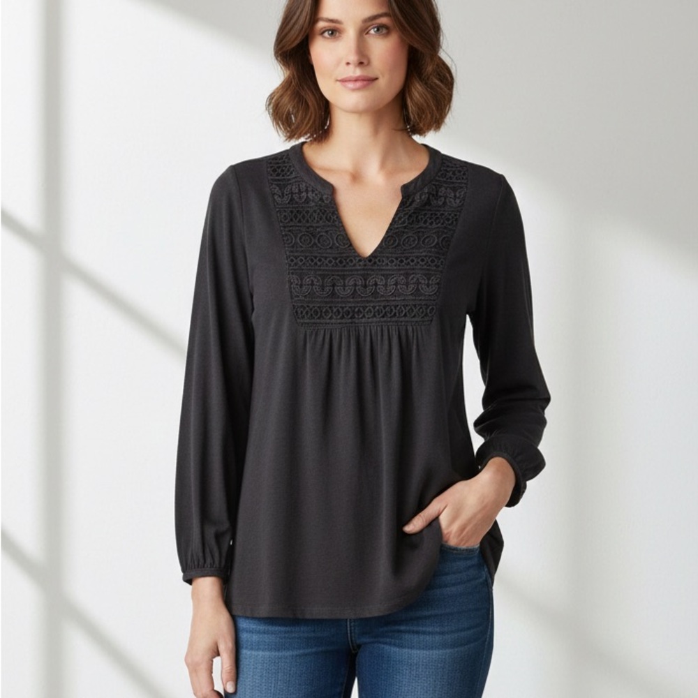 Como Vintage Grey Charcoal Lace Front 3/4 sleeves Blouse sz medium Western‎ Boho
